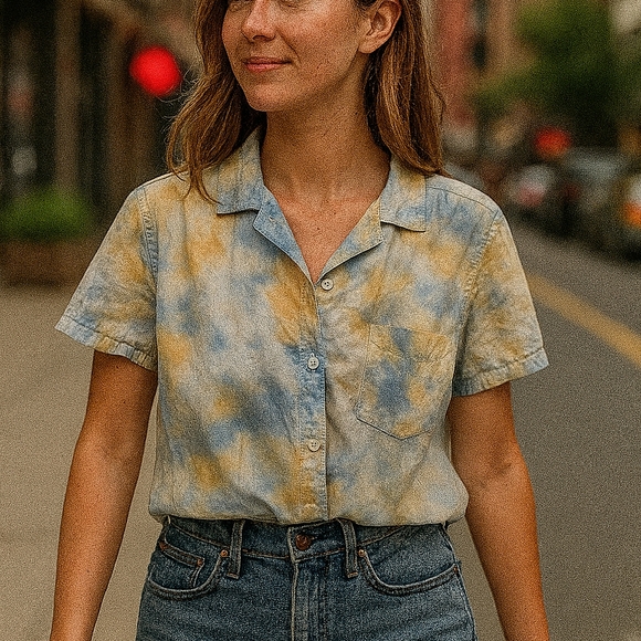 Junk Food Clothing Crop Top Women Size Small Blue Yellow Tie Dye Button-Up Cropp - Picture 1 of 7